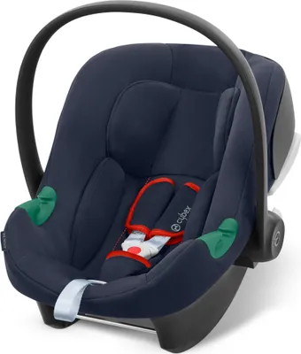 A navy blue Cybex Aton B2 i-Size infant car seat is shown against a white background.
