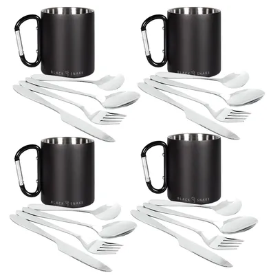 Produktbild von Black Snake Thermobecher Karabiner Edelstahl mit Essbesteck Set - 4 Personen