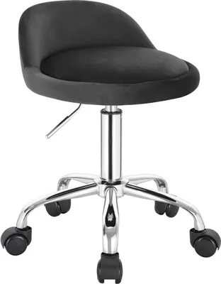 A studio shot of a dark gray office stool with a chrome base and wheels.