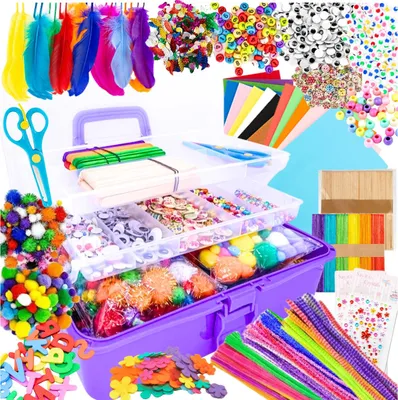 A collection of craft supplies for children, including feathers, beads, googly eyes, pom-poms, pipe cleaners, and craft sticks, organized in a purple storage case.
