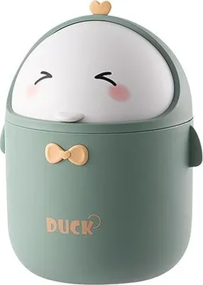 A cute cartoon-style trash can shaped like a duck.