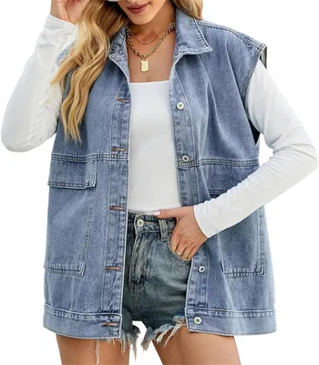 Obrázek produktu pro ASKSA Dámská džínová vesta bez rukávů, ležérní elegantní džínová bunda s kapsami, A Denim, M