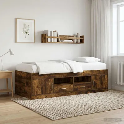 Image de Lit de luxe avec rangement et porte, en chêne fumé, dimensions 80 x 200 cm