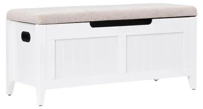 Immagine prodotto di Panca portaoggetti per scarpe - Panca contenitore in legno - Seduta imbottita - Coperchio ribaltabile con 2 cerniere di sicurezza - Robusta cassapanca in legno - 100 cm - Bianco