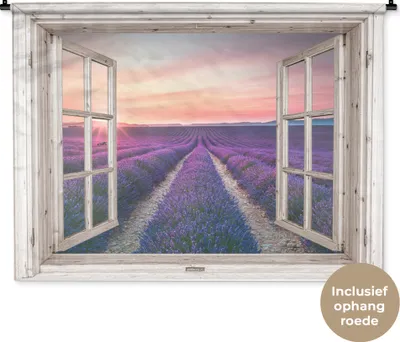 Produktbild von MuchoWow® Wandteppich Wandbehang Durchsichtig - Lavendel - Blumen - Holz - Sonnenuntergang - Lila 150x112 cm Tapisserie Dekoration Wandtuch - Wanddecke - Wandteppiche