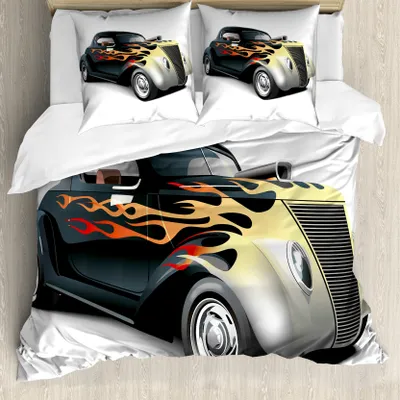 Produktbild von ABAKUHAUS Jahrgang Bettbezug, Retro 40er Jahre Drag Car, Milbensicher Allergiker geeignet mit Kissenbezügen, 155 cm x 220 cm - 80 x 80 cm, grau orange