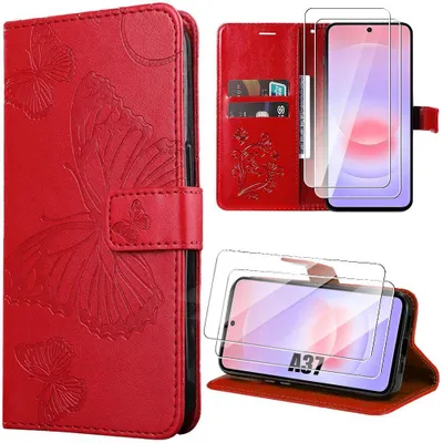 Image de Coque + 2 Verres Trempés pour Samsung Galaxy A37 5G, Anti-Rayures Synthécuir Motif Papillon - Rouge