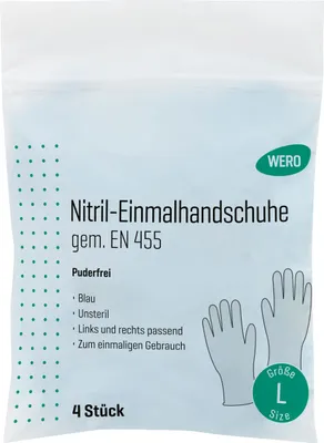 Produktbild von WERO Nitril-Einmalhandschuhe nach EN 455, 4 Stk/Pkg, Größe L (Gr. 8-9)