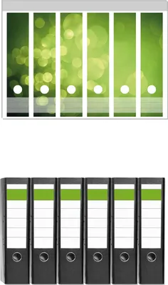 Produktbild von Wallario 6 Stück breite Ordner inkl. Klebeetiketten mit Motive Abstrakte grüne Kreise  grüne Lichtpunkte -  Set mit Rückenschildern / Ordnerrücken Stickern