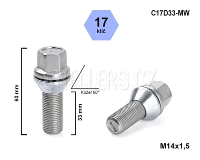 Obrázek produktu pro Kolový šroub M14x1,5x33 kužel pohyblivý, klíč 17, C17D33-MW-V1415KE337, výška 60 mm
