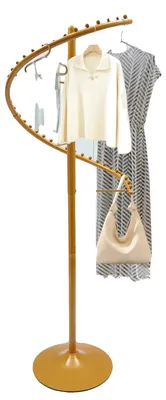 Zdjęcie produktu dla Wieszak na ubrania, konstrukcja metalowa, wysokość 1,8 m, obrót o 360°, średnica podstawy 45 cm, elegancka, złota powierzchnia