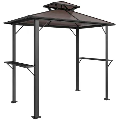 Produktbild von Grillpavillon 2,5 x 1,5 m, Wasserdicht Grillüberdachung mit Doppeldach aus Polycarbonat Seitenablage Braun
