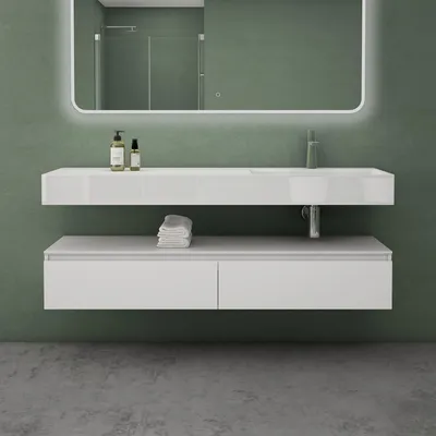Produktbild von Mai&Mai Badmöbelset, Weiß matt, 150x48x25cm, Mineralguss-Waschbecken Rechts, Unterschrank mit 2 Soft-Close Schubladen