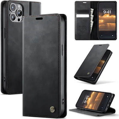 Image de Étui en cuir pour iPhone 12 Pro Max, protection RFID, fermeture magnétique, fentes pour cartes et fonction stand Noir