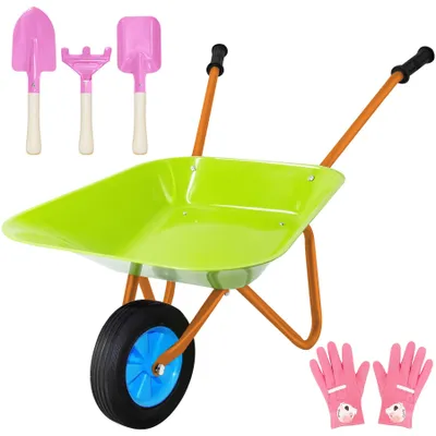 Kinder-Kruiwagenset, Metall, Schaufel, Rechen, Handschuhe