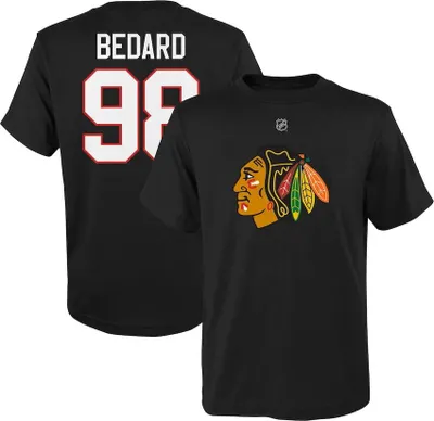 Immagine prodotto di Maglietta per bambini con il nome e il numero di Connor Bedard, numero 98, squadra Chicago Blackhawks, NHL. Colore: nero. Taglia: bambino XL (14-16 anni)