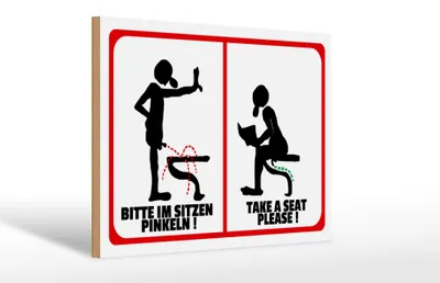 Produktbild von Holzschild Hinweis 30x20cm Bitte im Sitzen pinkeln (s/w)