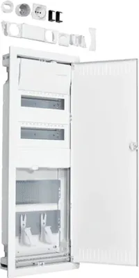 An open electrical distribution box with internal components visible.