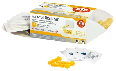 Productafbeelding van Pic Lancette Pungidito Steriele, kant-en-klare bloedafnamekits voor glucosemeting. Inclusief 25 steriele wattenstaafjes. Test