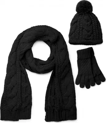 Produktbild von styleBREAKER Schal, Mütze und Handschuh Set, Zopfmuster Strickschal mit Bommelmütze und Handschuhe, Damen 01018208