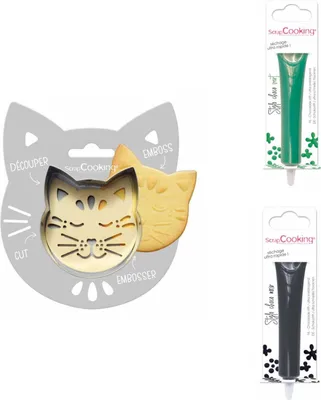 Produktbild von Keks-Relief-Set für Katzen + 2 Stifte aus grüner und dunkler Schokolade