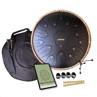 Produktbild von Orakl® - Steel Tongue Drum Elyisium Kosmisches Schwarz - Handpfanne ø 35 cm - Inklusive Lehrbuch - Zungentrommel - Regentrommel - Klangschale