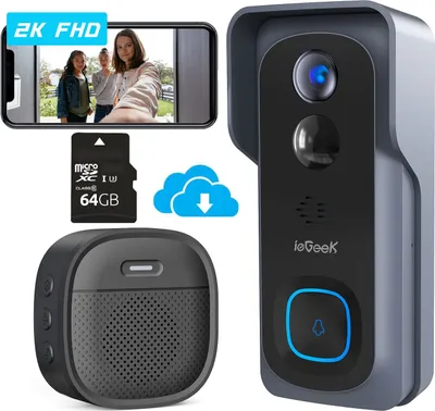 Produktbild von ieGeek 2K video zvonek s kamerou a 64GB SD kartou, Wifi bezdrátový zvonek, vodotěsný s gongem, Ring Front Doorbell s PIR detekcí osob, 166° pozorovací úhel, obousměrný zvuk, SD|Cloud úložiště, IP66