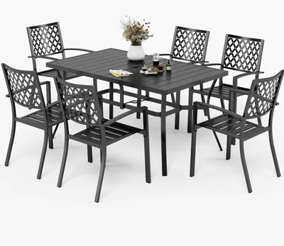 Immagine prodotto di Set di mobili da giardino in metallo, composto da 6 sedie e un tavolo da giardino di 152x96 cm, resistente alle intemperie, impilabile e dotato di foro per l'ombrellone
