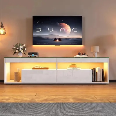 Image de Meuble TV bas - Meuble de rangement pour téléviseurs jusqu'à 178 cm - 2 tiroirs - Style moderne - Panneau de particules - Blanc