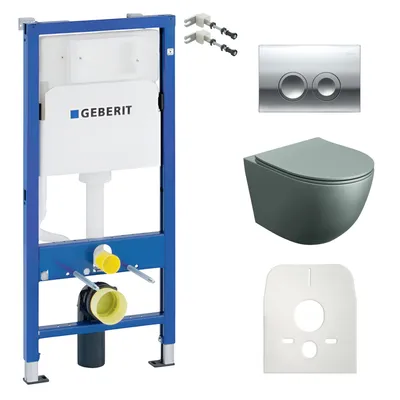 Produktbild von DOMINO Geberit Duofix Basic Vorwandelement + Wand-WC Tiefspül Sinto Becken Grau Spülrandlos + Bedienplatte Delta 25 für Doppelspülung | Komplettes Set