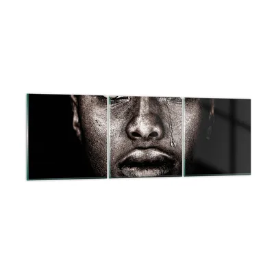 Produktbild von Bilder auf glas - 3 Teile - Schwarz Porträt Träne - 90x30cm - Glasbilder - Wandbilder - Bilder - zum Aufhängen bereit - Wanddekoration aus Glas - Glas Bilder - Wandbild auf Glas - GCA90x30-4239