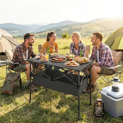 Produktbild von Campingtisch klappbar rollbar Aluminium, Falttisch outdoor, Picknicktisch mit Netzablage, Schwarz | 93x55x68 cm | 4,3 kg | mit Tragetasche