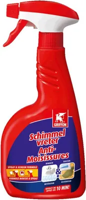 A red spray bottle of cleaning product against a white background.
