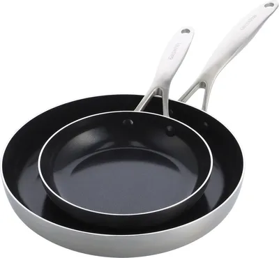 Two frying pans, one nested inside the other, are shown against a white background.
