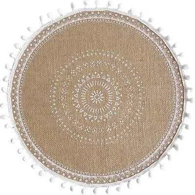 Produktbild von Rundes Boho-Print-Set aus Jute mit Pom-Pom-Stift, 4-teilig, 15 Zoll, Tischdeko für Wohn- und Essbereich