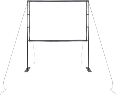 A projection screen with stands and guy wires, set against a white background.