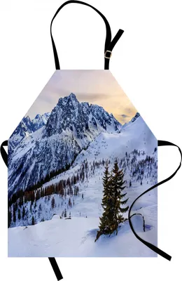 Produktbild von ABAKUHAUS Berg Kochschürze, Landschaft von Snowy Mountain bei Sonnenuntergang-Kiefern-Ruhe im Winter-Thema, Farbfest Höhenverstellbar Waschbar Klarer Digitaldruck, Weiß Grün