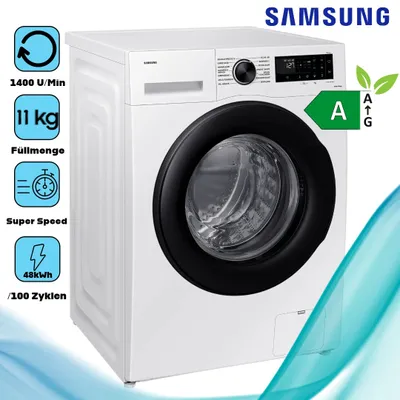 A white Samsung front-loading washing machine is shown from the front-left, with informational icons and text on the left side and an energy efficiency label on the right.