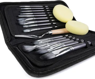 Immagine prodotto di set di pennelli Artify da 15 pezzi per colori acrilici e ad olio, acquerello - Include coltello, spugne e borsa di trasporto