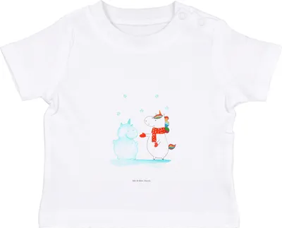 Produktbild von Mr. & Mrs. Panda Babyshirt Einhorn Schneemann 12. - 18. Monat - Weiß - Geschenk,  Baby T-Shirt, Winter, Schnee, Unicorn, Weihnachten, Öko, Shirt, Baumwolle, Kuchen