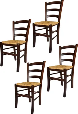 Four wooden chairs with straw seats are arranged on a white background.