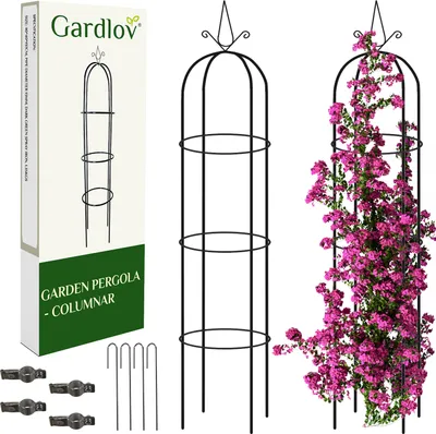 A product image showing a garden pergola, its packaging, and accessories, with one pergola adorned with pink flowers.