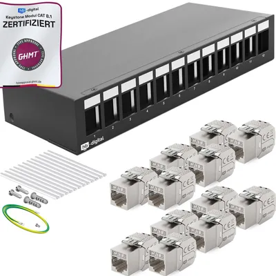 12-Port Patchpanel 1 HE CAT 8 RJ45 Keystone STP 40 Gbps