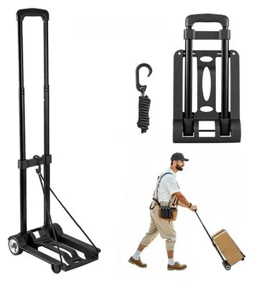 Immagine prodotto di Carrello portasacchi pieghevole con capacità di carico di 50 kg - Carrello da trasporto con 2 ruote e 1 corda elastica - Carrello multiuso con piattaforma per aeroporti e uffici - Carrello da trasporto per bagagli e mobili - Nero, 320x235x965mm