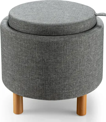 A gray fabric ottoman with wooden legs is shown against a white background.