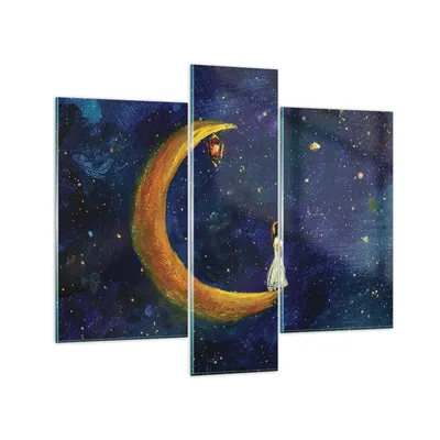 Produktbild von Bilder auf glas - 3 Teile - Mädchen auf der Mond - 95x80cm - Glasbilder - Wandbilder - Bilder - zum Aufhängen bereit - Wanddekoration aus Glas - Glas Bilder - Wandbild auf Glas - GCB95x80-4575