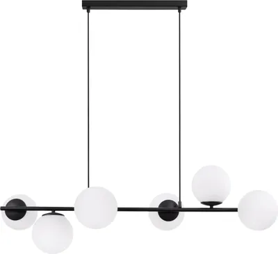 A modern black chandelier with six white globe-shaped lights.