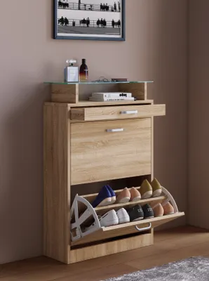 Produktbild von VCM Holz Schuhschrank | Maße: H. 91 x B. 59 x T. 22 cm | 2 Klappen | schmale Schublade | praktische Ablage - Sipos M