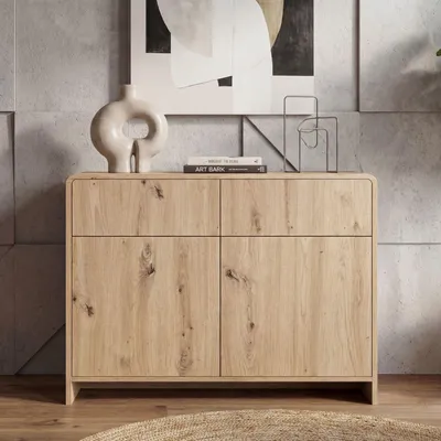 Produktbild von FineBuy Sideboard Eiche Nachbildung 88cm - Kommode mit 2 Türen und 2 Schubladen Flurschrank Wohnzimmerschrank Grifflos Push to Open Anrichte Standschrank