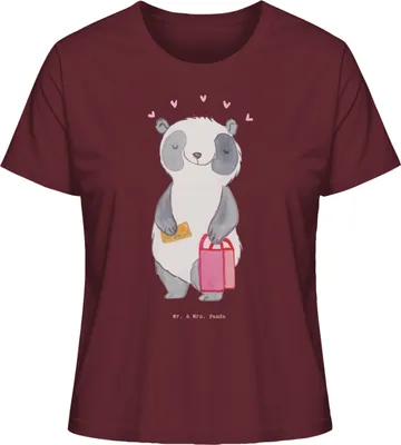 Produktbild von Mr. & Mrs. Panda Oberteil Damen Panda Shopping Größe L - Burgundy - Geschenk, Shoppen, Shirt, Basic T-Shirt, Einkaufen, Kurzarmshirt, Baumwoll